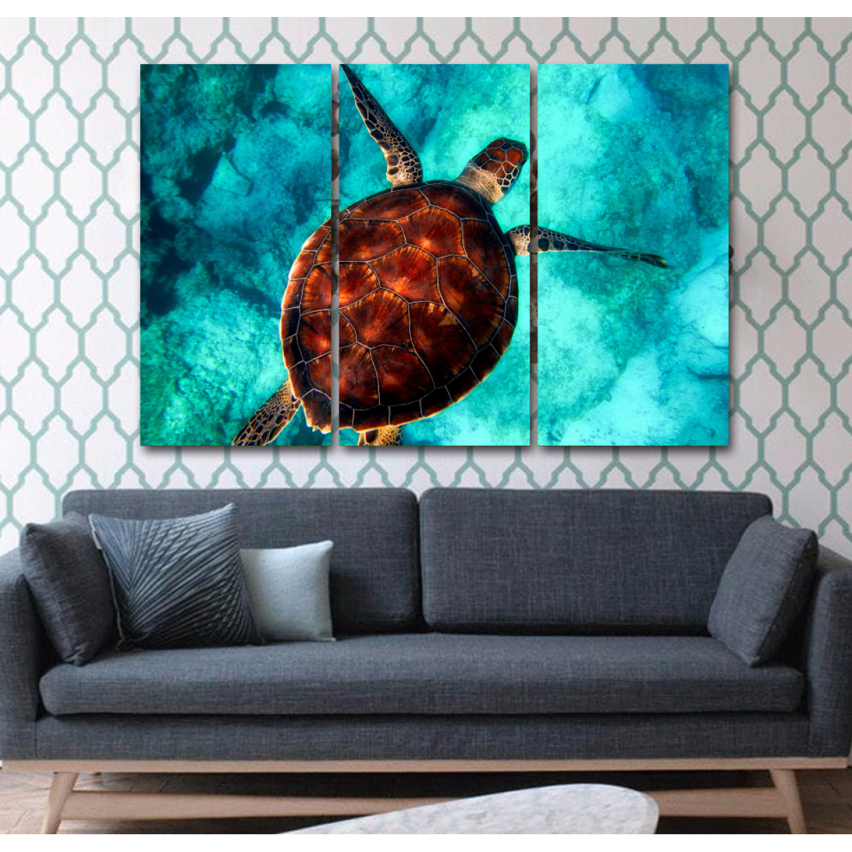 Beautiful Sea Turtle-Wallart 3 Piece Vertical Rectangle-Medium - Not framed-Brown/Aqua Blue-Cool Tees & Things